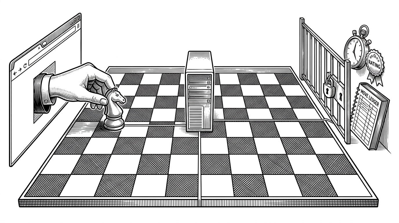 A chessboard is split by a central server tower. A browser window pushes a knight toward the board, but the move routes through the server before it reaches the opponent side. A stopwatch, rating badge, and move ledger sit behind a locked gate, showing that the server controls time, outcomes, and persistence.
