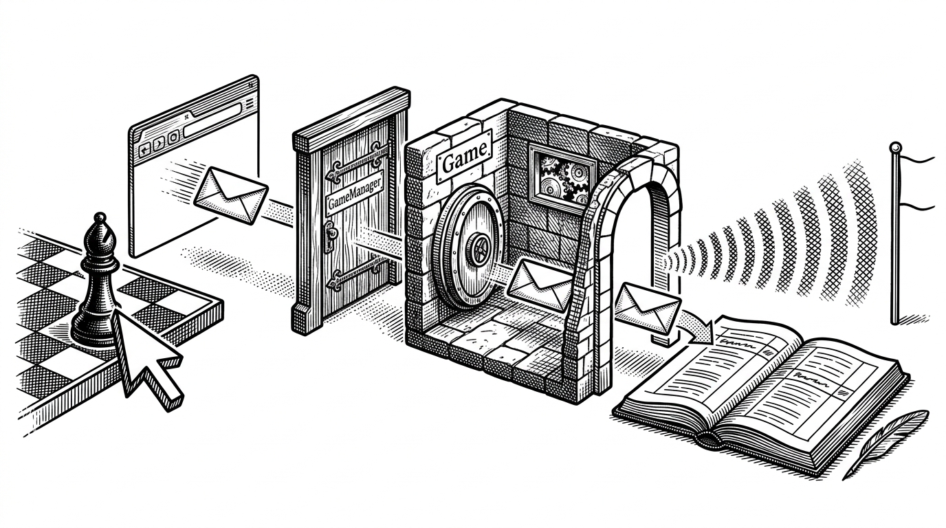 A single move packet travels through a sequence of handoffs. A cursor drags a bishop, the socket packet leaves the browser, passes through a queue door marked GameManager, enters a sealed chamber marked Game, then emerges as a row in a ledger and a broadcast line to the opponent. The flow is visibly sequential and controlled.