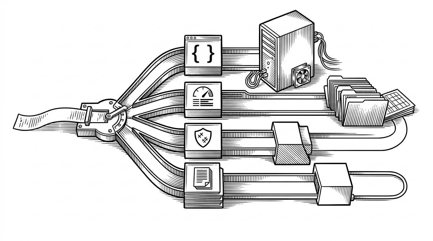 A wide command-center workstation with a prompt entering from the left and splitting into several routed lanes inside a local security system. One path feeds a local model, another pulls in vulnerability dossiers, and another loops through a scanner, showing that the system decides what machinery to use before it generates an answer.