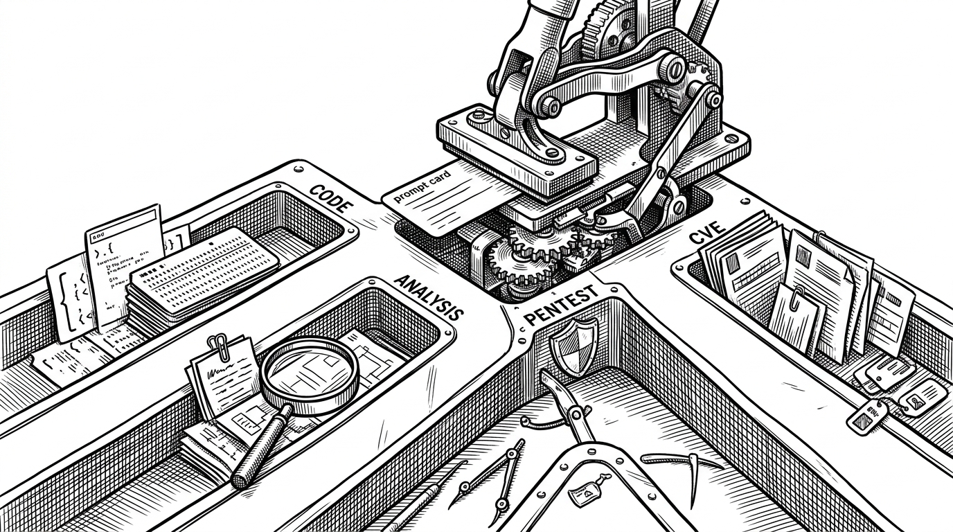 A close-up of a prompt being stamped into one of several rigid routing slots, with different lanes leading to specialized tools and models. The image explains that GHOSTNET classifies intent first and only then chooses how to process the request.