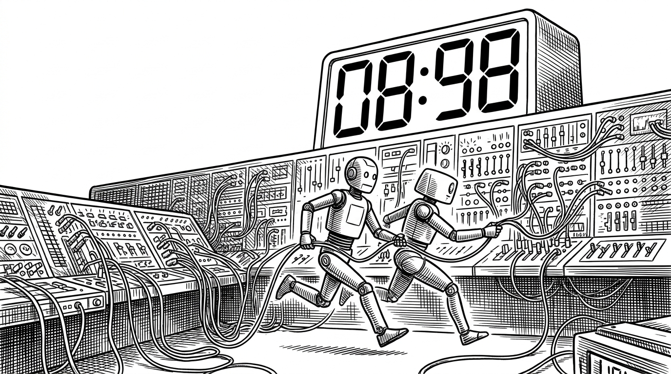 A wide shot of a small figure frantically plugging cables into a massive switchboard, representing the latency of traditional AI tool-calling.