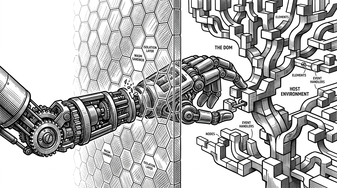 A mechanical hand reaching through a translucent, hexagonal wall to interact with gears, illustrating the WASM sandbox boundary.