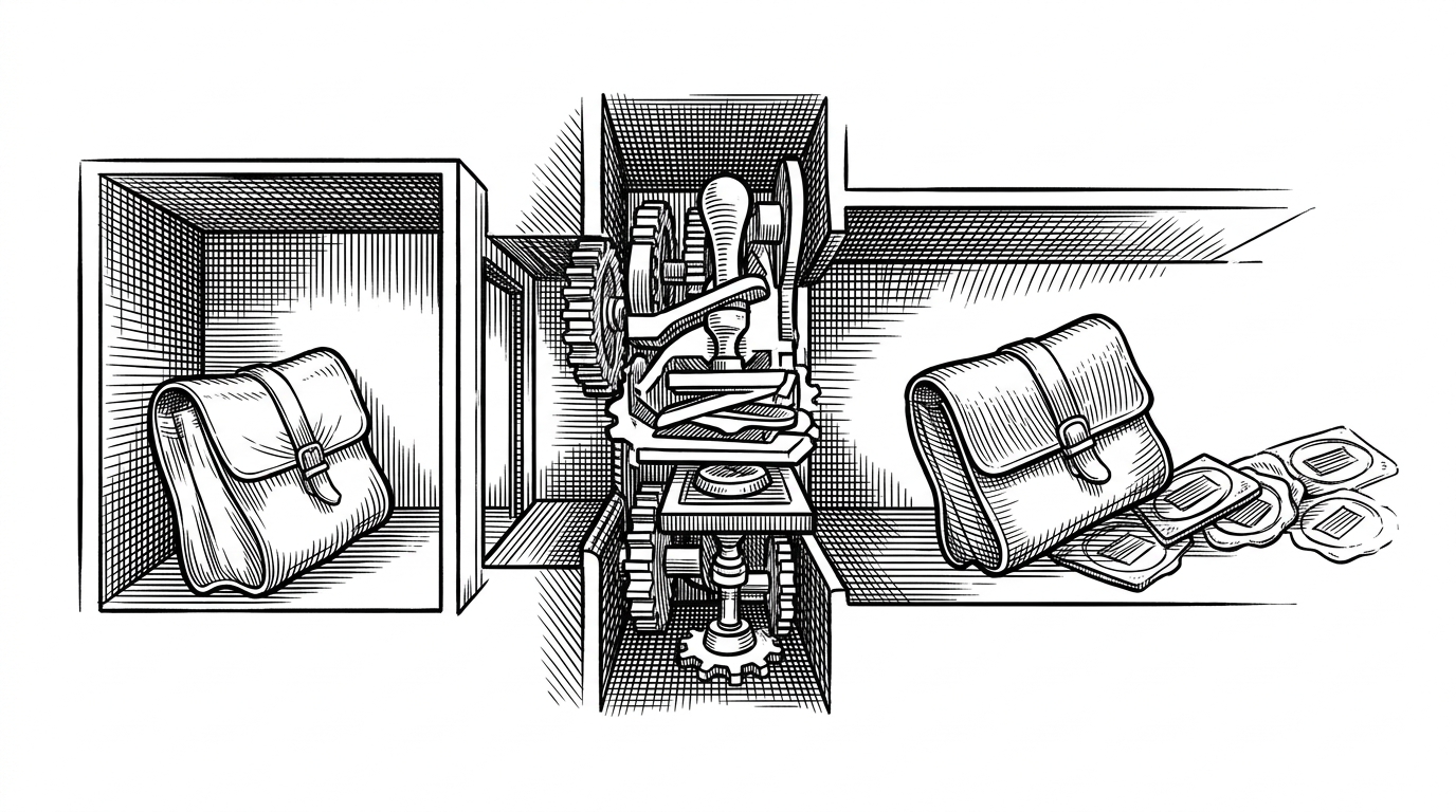 A close-up of a resource waiting in a narrow chamber on the left, a governance gate in the middle, and the same resource stamped active on the right with a receipt trail behind it. The image explains how Nondominium turns state change into a controlled passage instead of a direct mutation.