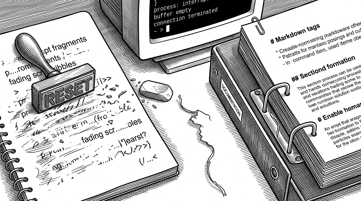 A close editorial scene of a notebook page with erased notes, a half-finished terminal window, and a rubber stamp reading reset. The image contrasts brittle short-lived memory with a system that preserves decisions in durable files.