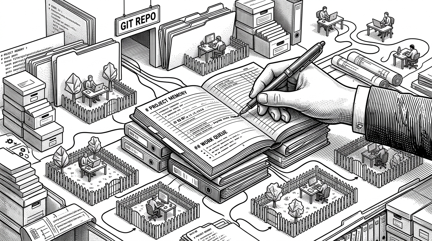 A paper-like operations room where a large Markdown ledger sits at the center, with thin lines running out to several isolated agent workstations arranged like fenced plots. A human hand edits the ledger while the fleet keeps moving, showing that state lives in text the whole team can inspect.