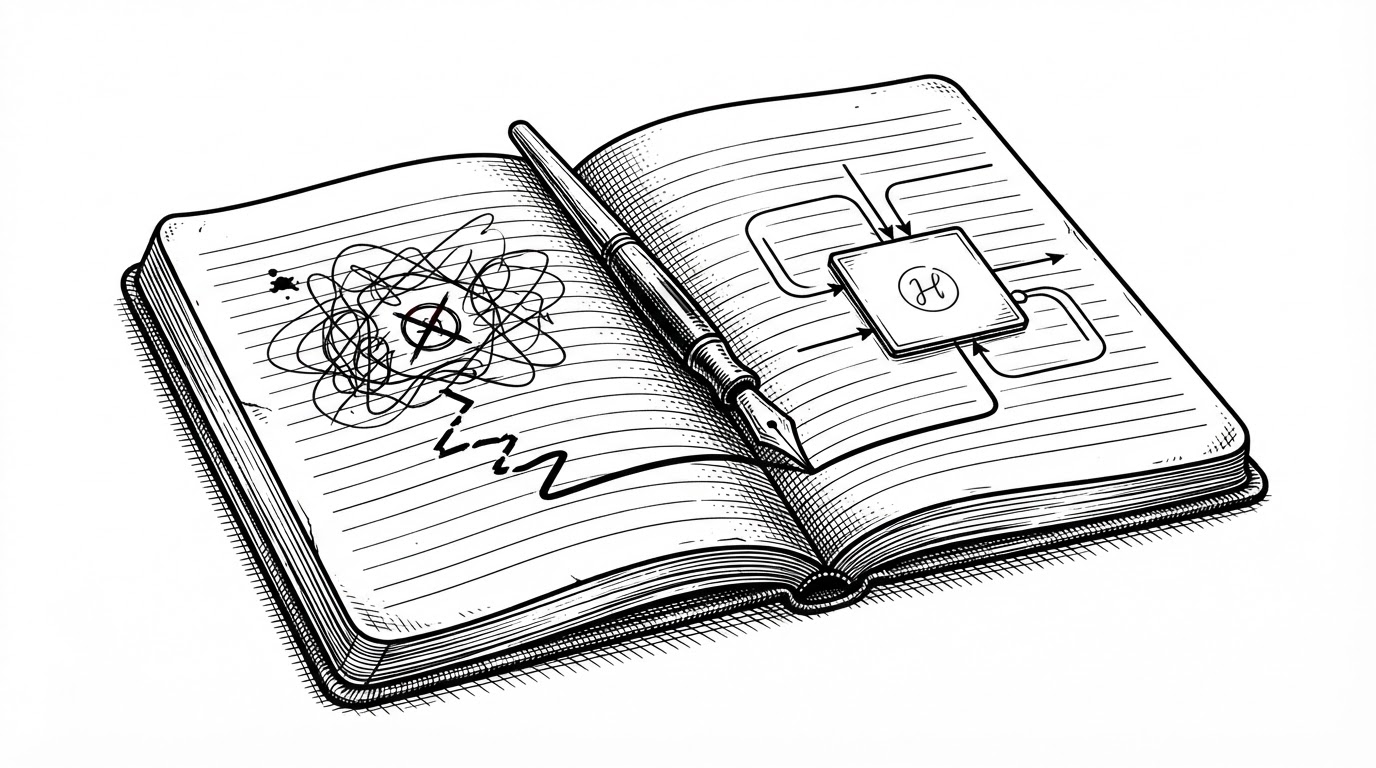 A close technical scene shows an agent notebook turning a failed tap into a reusable helper function. One side captures a misaligned tap on a label, and the other side shows that mistake being encoded into a small helper primitive. The image explains how phone-harness lets the agent accumulate operational knowledge over time.
