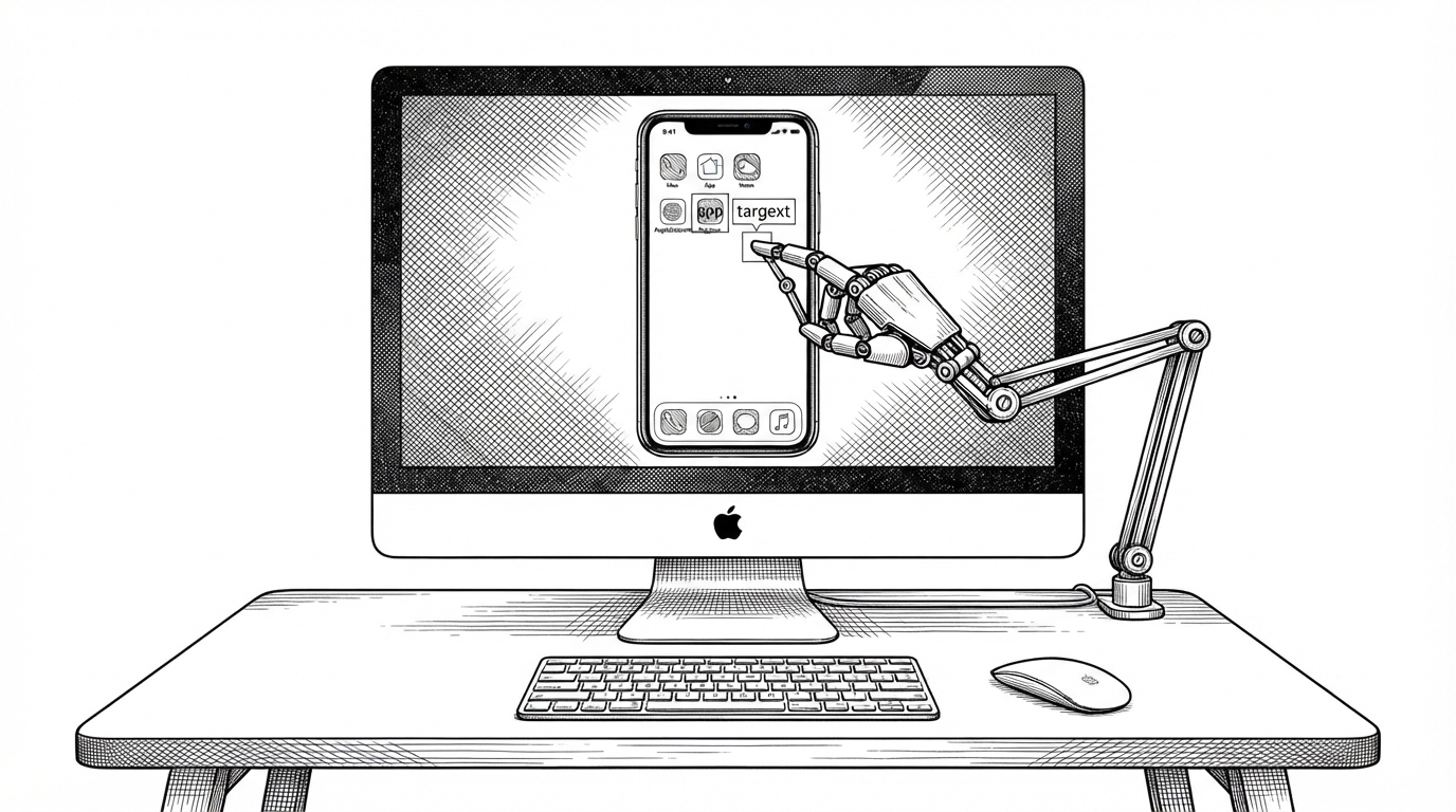 A Mac desktop holds an iPhone Mirroring window like a stage, while a thin mechanical hand reaches in from the Mac side to tap text labels that hover over the mirrored phone screen. The scene explains how phone-harness reconstructs a usable interface from pixels instead of relying on a native DOM or accessibility tree.