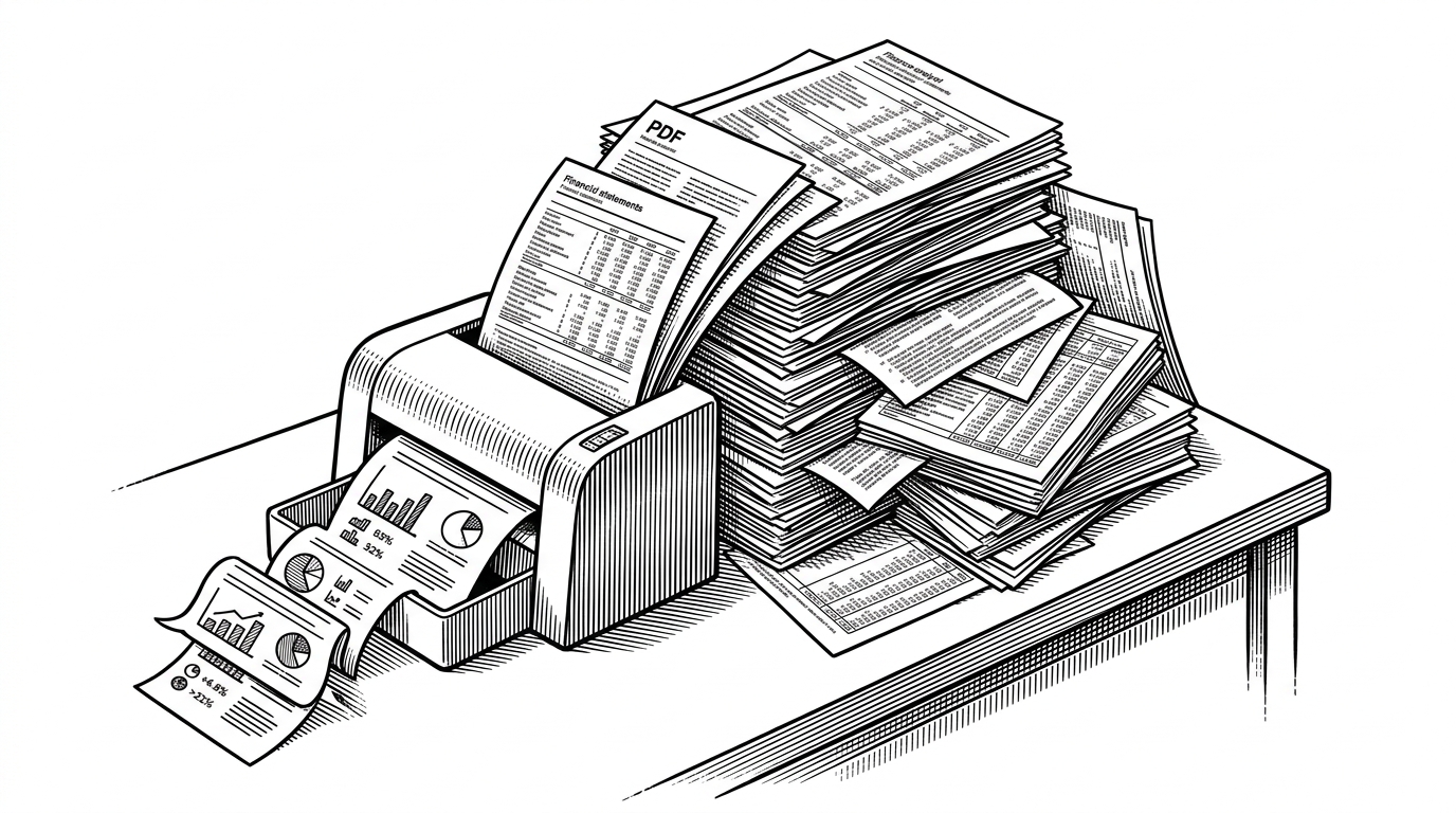 A towering stack of financial statements is fed into a compact machine, which outputs a clean conversational report with a few highlighted metrics and a small chart. The scene explains the core shift from document overload to synthesis, showing how long-context analysis turns a dense packet into usable narrative insight.