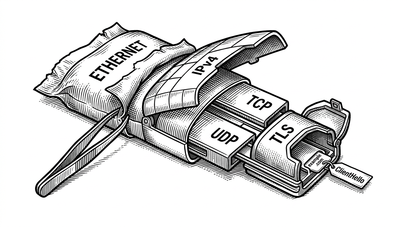 A close-up cutaway shows layered protocol headers being peeled back like mechanical shells. Ethernet sits on top, then IPv4, then TCP or UDP, and finally a TLS ClientHello compartment where a small SNI label becomes visible before the rest seals shut. The image explains how manual parsing turns raw bytes into a staged inspection pipeline.