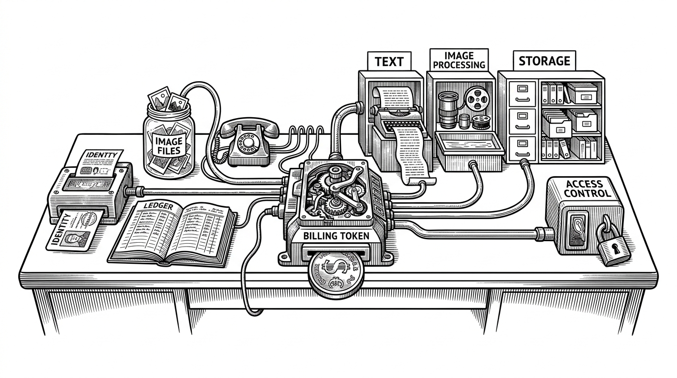 A wide editorial scene of a compact control desk with several channels feeding into one dashboard-like hub. The scene explains how the repository combines auth, storage, model calls, and billing into a single SaaS pipeline.