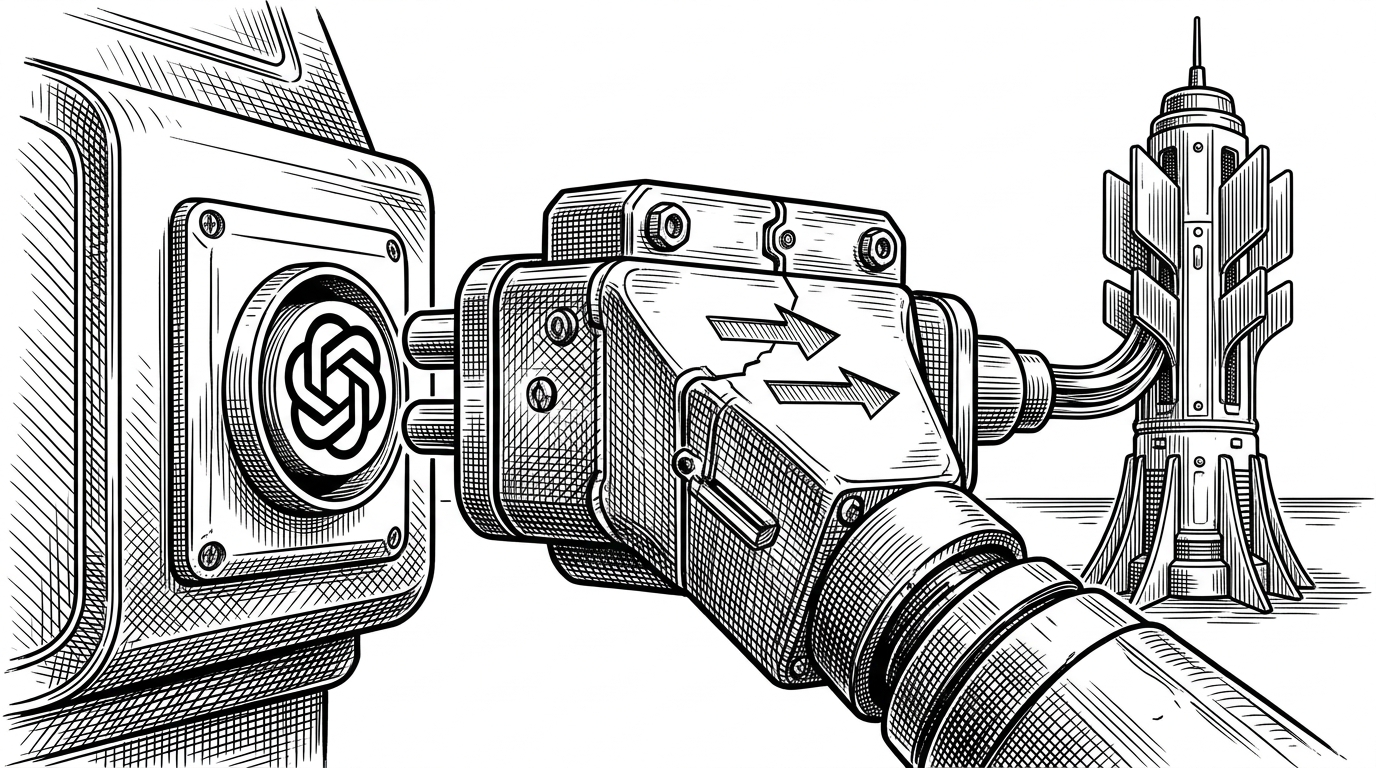 A close-up mechanical adapter bridges two systems, with an OpenAI-style interface on one side and a Gemini endpoint on the other. The image explains how the repository preserves a familiar SDK while redirecting requests to a different model provider.