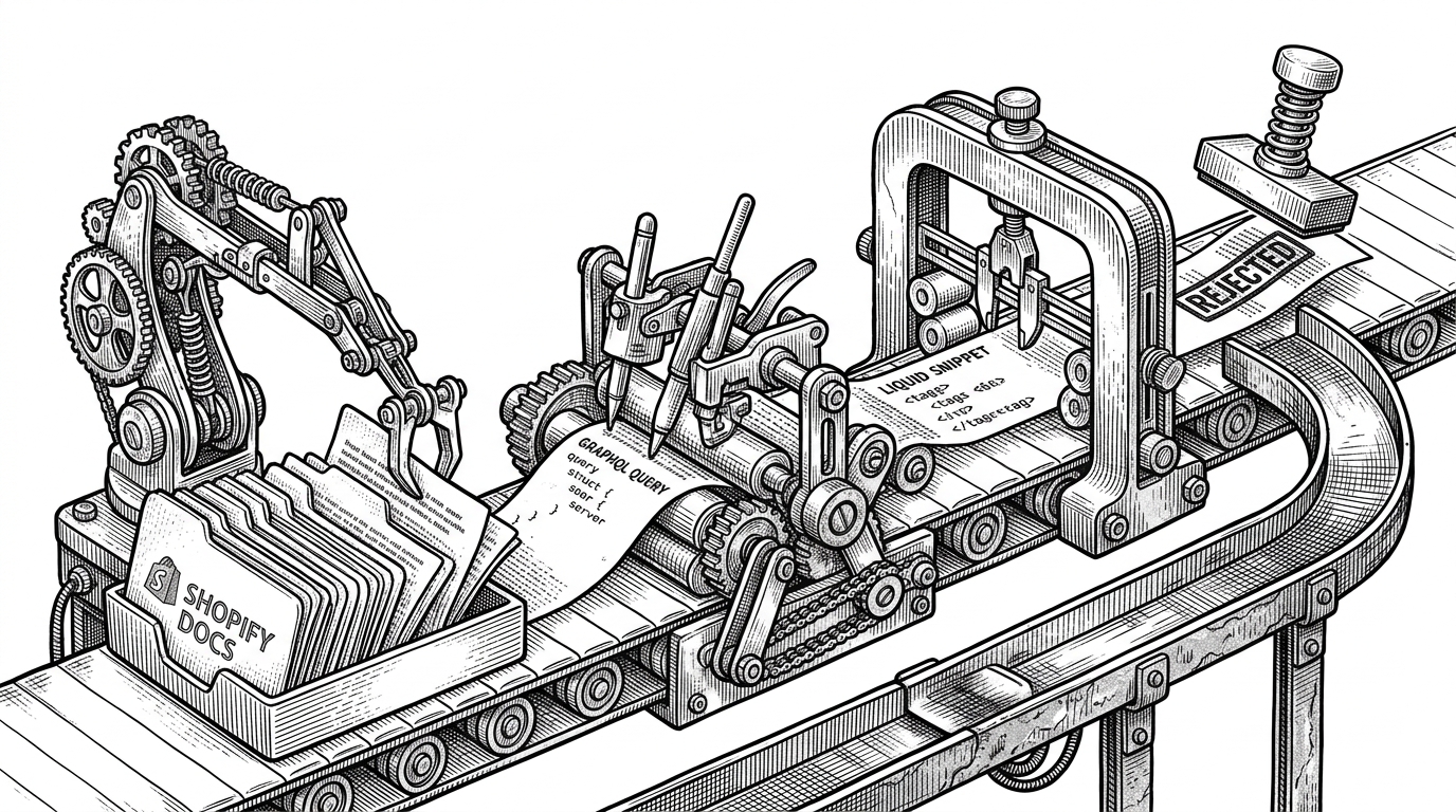 A close-up conveyor belt with three technical stations. A document search arm feeds fresh Shopify context into a drafting station, then a validator station rejects or approves the draft, and a repair arm routes failures back upstream. This image explains how the toolkit turns a language model into a controlled workflow instead of a freeform assistant.