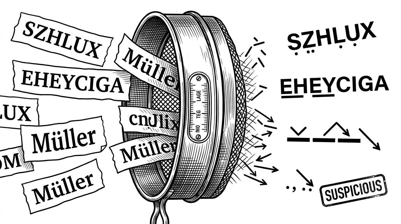 A close-up of a brand name being pushed through a phonetic sieve. Raw text on the left becomes signals on the right, including vowel count, consonant clusters, and capitalization patterns, showing that the extension judges shape and texture rather than matching only against a list.