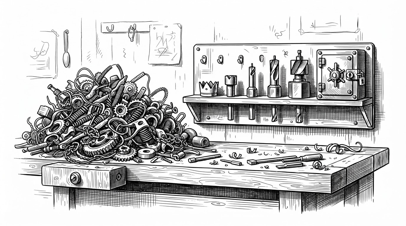 A close-up shelf of curated CAD primitives shows a crown, a counterbore, a guarded chamfer, and a wrapped safe operation arranged like workshop tools. On one side is a messy heap of low-level kernel calls, and on the other is a neat row of opinionated building blocks that narrow the agent’s choices.
