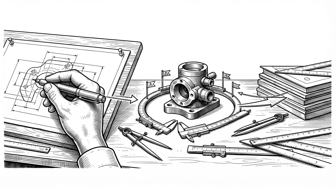 A wide workshop scene shows a hand sketching a parametric part on paper while a printed bracket sits inside calipers and warning markers. Arrows and threaded lines connect the sketch, the solid model, and a set of printability checks, showing a loop between intent, geometry, and physical constraints.