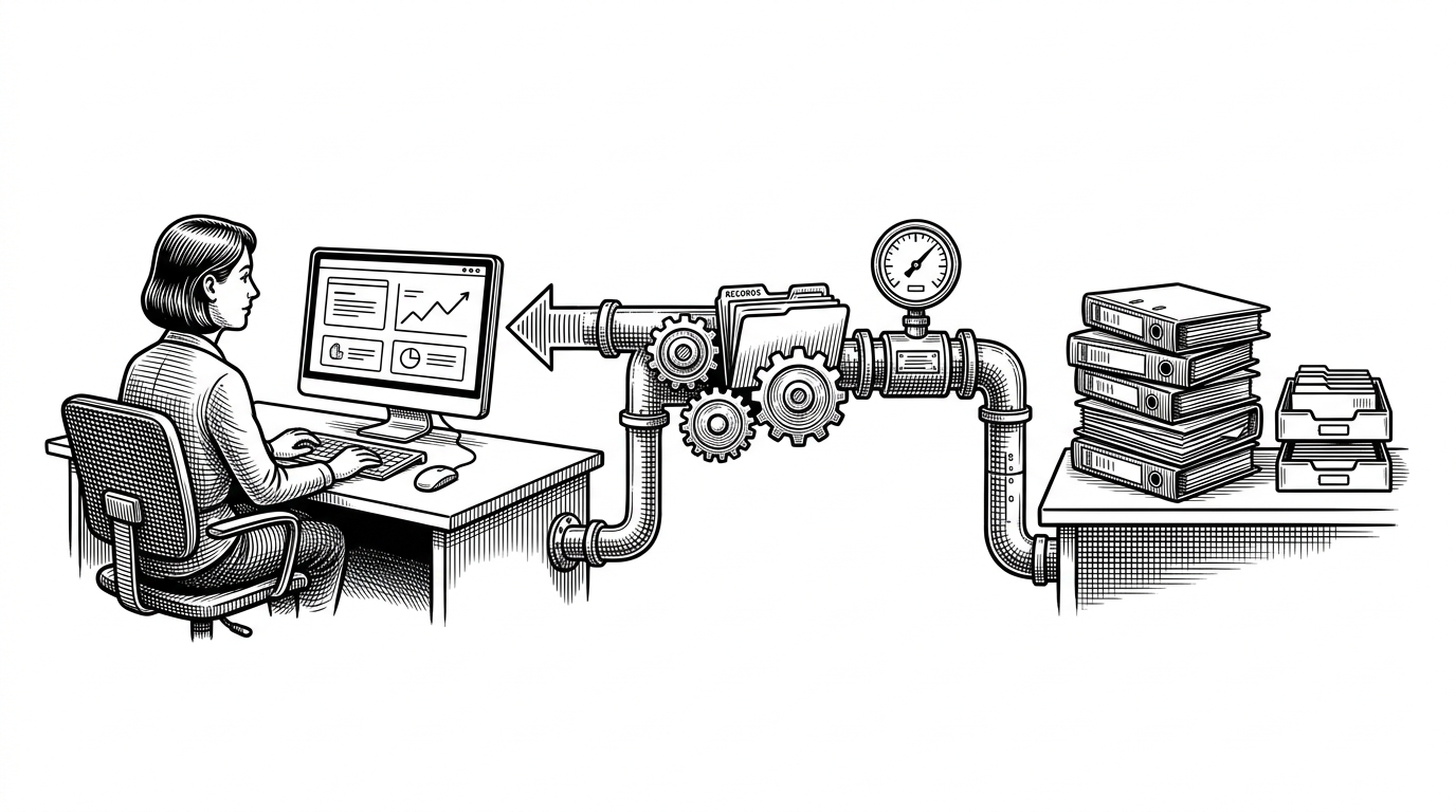 An HR manager studies a clean prediction interface beside employee records while a sealed machine pipeline turns raw personnel data into a risk signal. The scene explains that the project is about packaging a model into a usable decision layer, not just training a classifier.