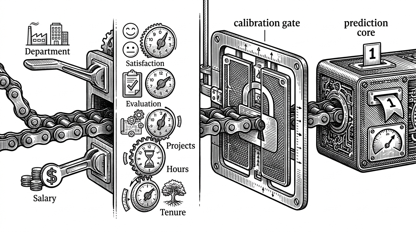 A close-up of a locked preprocessing chain shows categorical inputs, a scaler gate, and a prediction core connected by a protected boundary. The image explains that the live app must preserve the training-time transformation contract before the model can produce a trustworthy result.