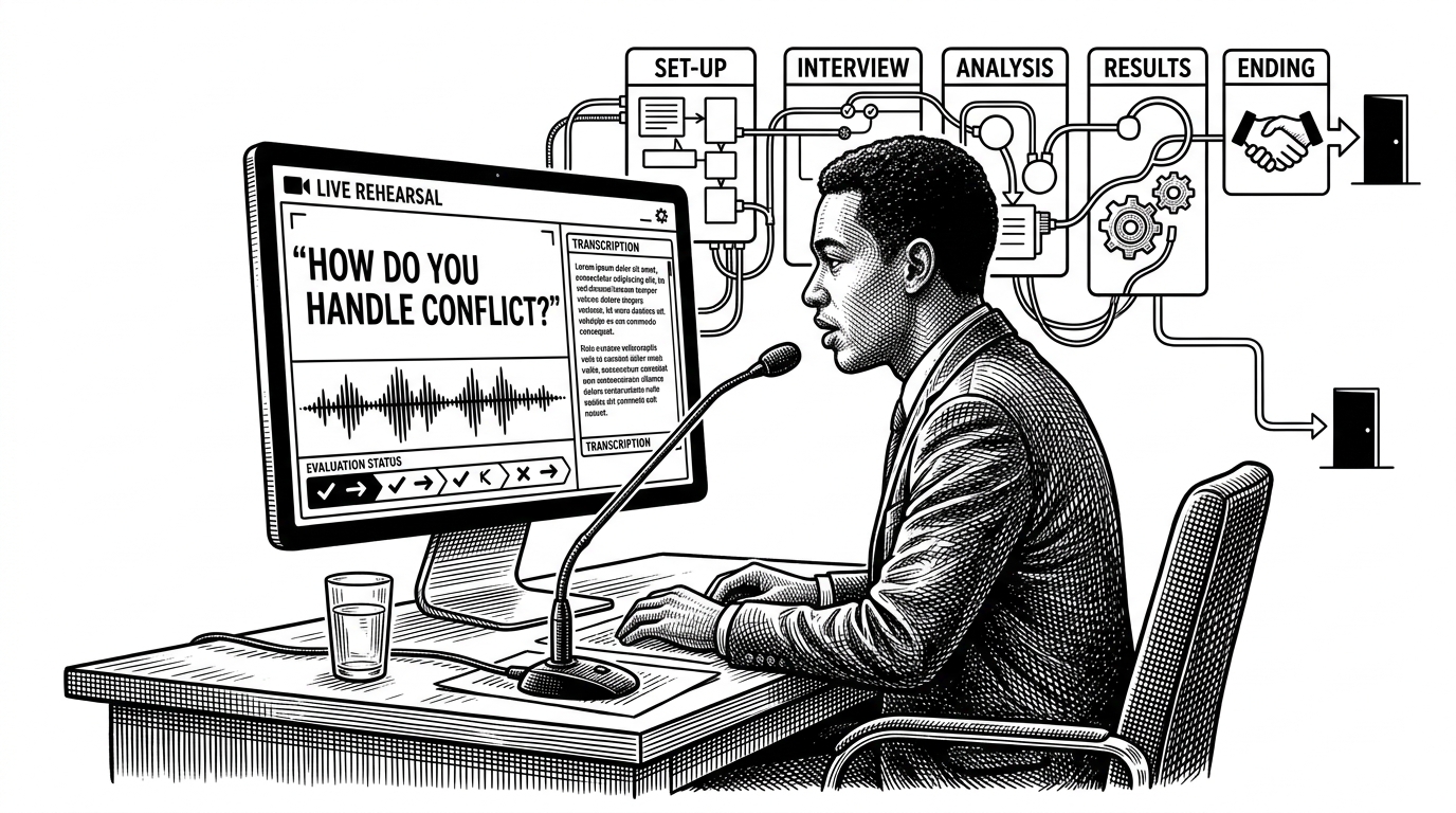 A candidate sits at a desk and speaks into a microphone while a mock interview interface glows on the screen. The screen shows one active question, a transcription pane, and a small evaluation status, which explains how the app turns practice into a live feedback loop.