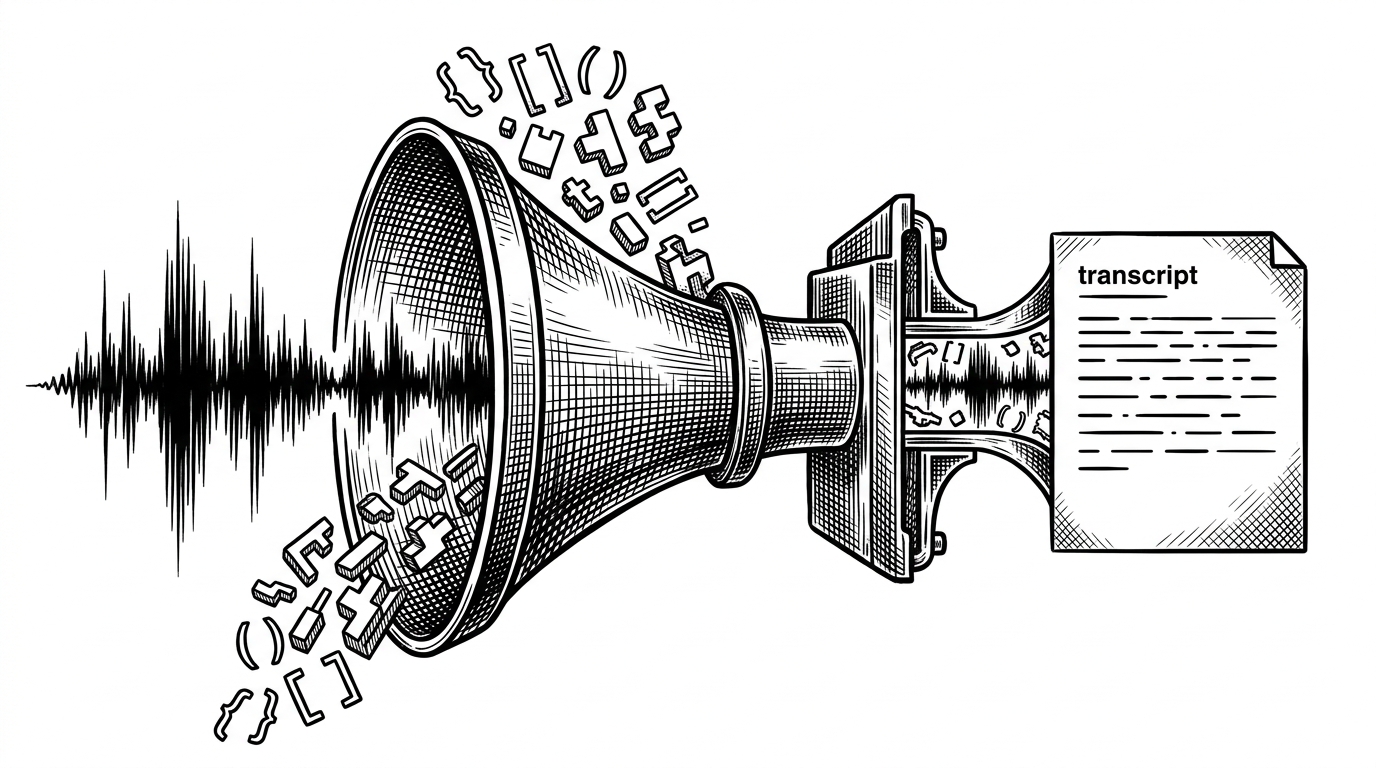 A tight pipeline shows a waveform being funneled through a keyword gate and emerging as a cleaner transcript card. The visual explains how domain priming improves transcription accuracy for technical interview language.