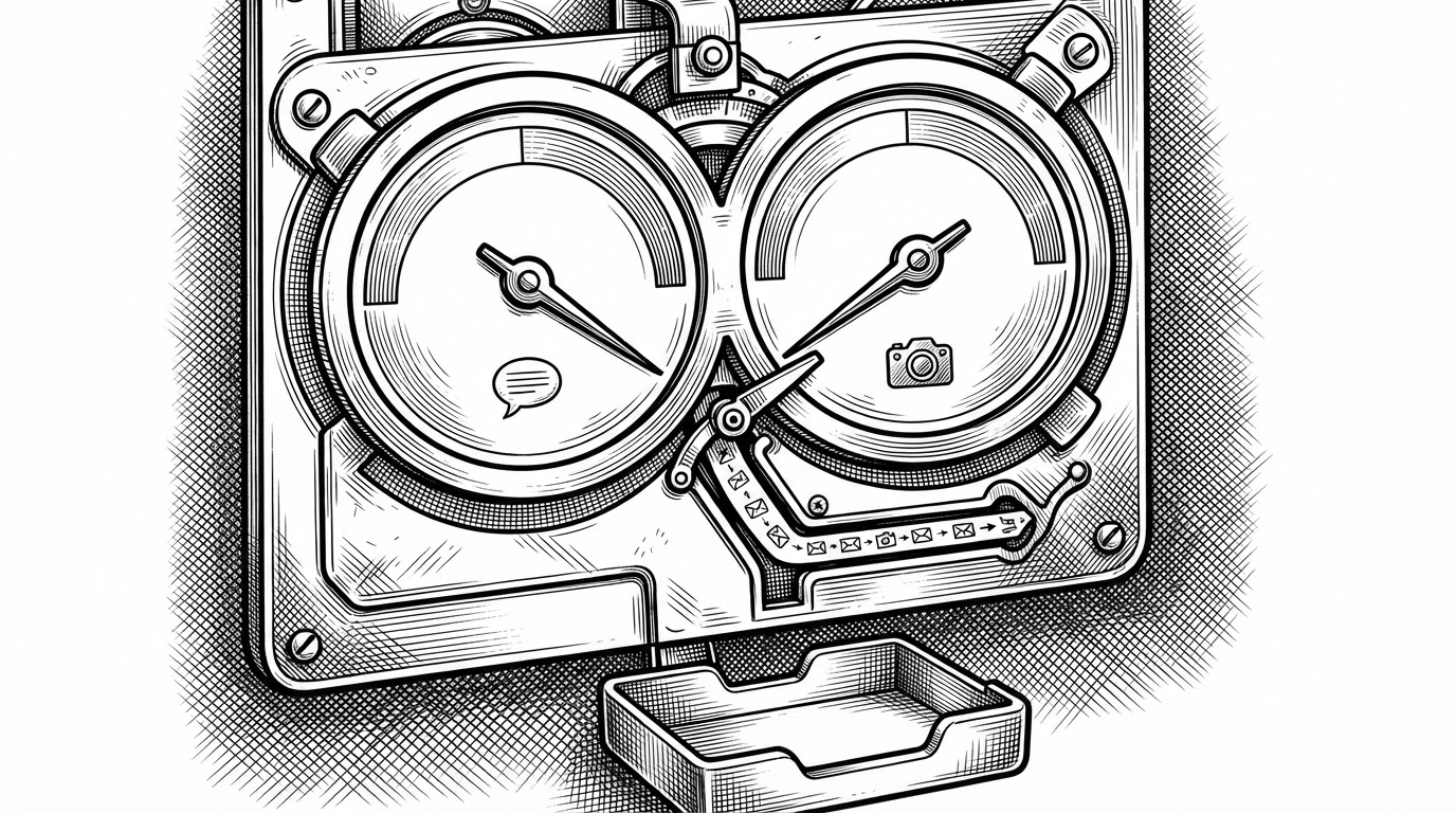 A close-up of two interlocking dials, one for text and one for image, mounted over a locked routing gate. When the dials align, the latch lifts and a path opens. When they disagree, the latch drops and a folder labeled manual review catches the case. The image explains confidence calibration as a gate, not a score alone.