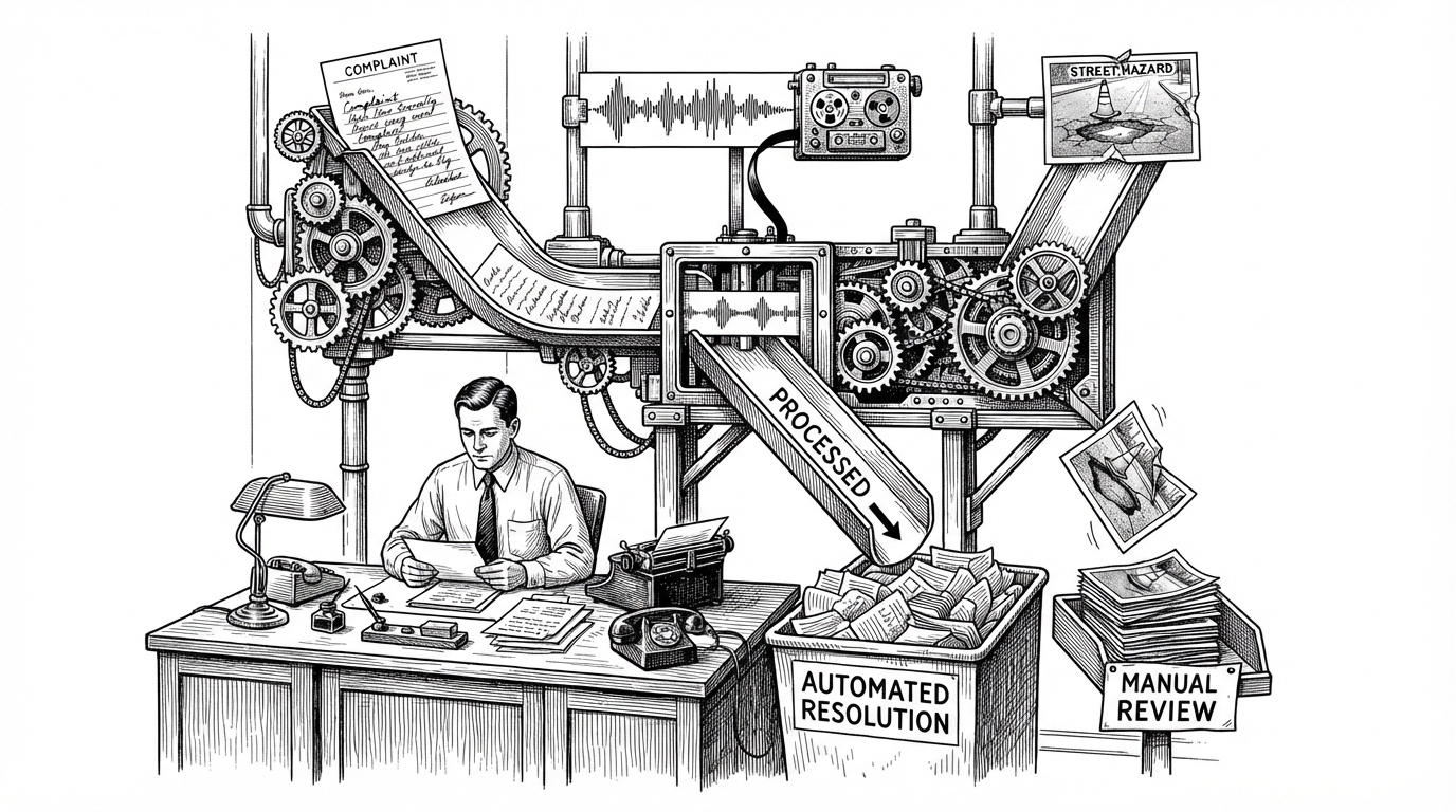 A city clerk sits at a desk while three intake streams arrive at once: a written complaint, a voice recorder waveform, and a printed photo. A mechanical routing device above the desk sends one case cleanly forward and diverts another into a manual review tray. The image explains that the system is built to route only when evidence is consistent.