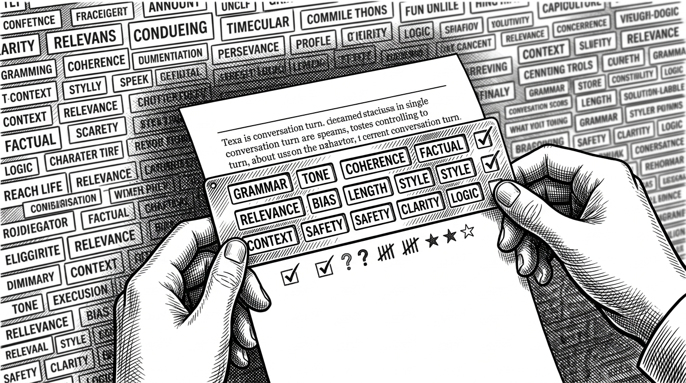 A close-up stencil holds twelve facet labels over a conversation turn while a larger wall of labels fades behind it. Small stamped marks apply score, reasoning, and confidence one batch at a time, showing how the system limits scope to protect judgment quality.