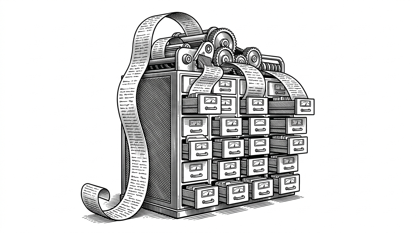 A wide mechanical ledger splits one long conversation ribbon into many small drawers, each with its own tiny gauge. The image explains the project's central idea: turn one overloaded evaluation into a sequence of smaller, controlled judgments.