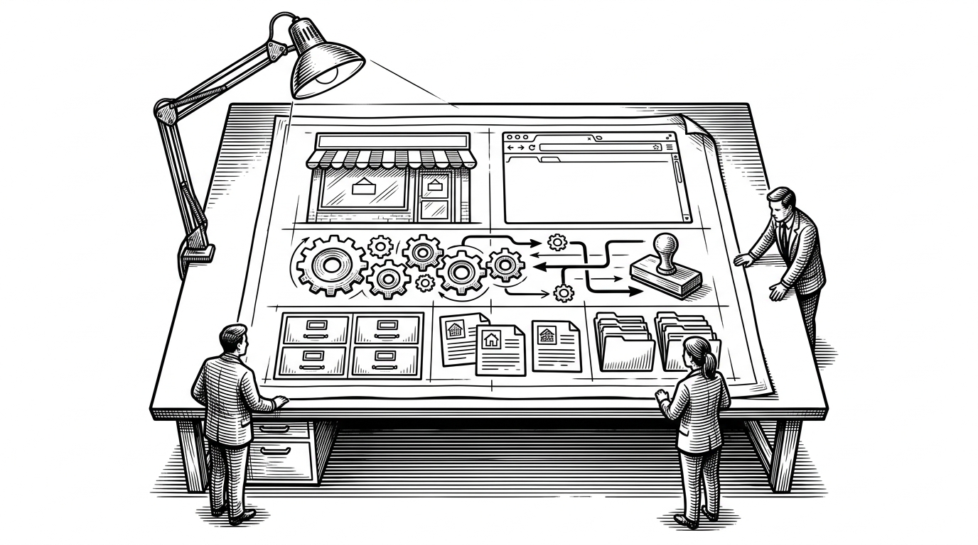 A draftsman's desk with a hand-drawn real estate platform blueprint spread across it, showing a storefront front end, a logic layer in the middle, and filing drawers for data at the bottom. The scene explains that this repository behaves like an architectural plan before it behaves like software.