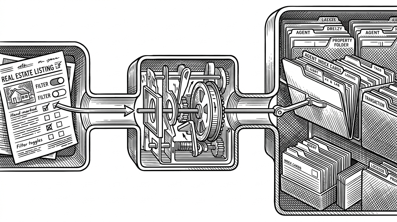 A close-up cutaway of a property search request moving through three connected chambers. A filter sheet enters on the left, passes through a Java-like validation chamber in the center, and reaches a filing system of relational records on the right before the result returns back out. The scene explains how the stack turns a user action into a safe database query and a dynamic response.