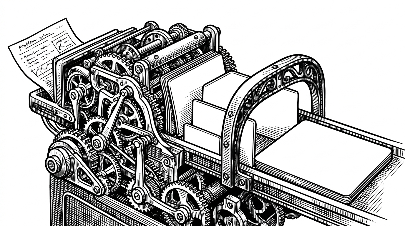 A close-up editorial scene shows a tutoring desk where a problem statement enters from the left and three stacked response cards emerge in sequence: Hint, Code review, and Optimal solution. A guardrail rail blocks the machine from skipping directly to the final answer. It explains that the AI is designed to teach in stages instead of dumping a solution immediately.