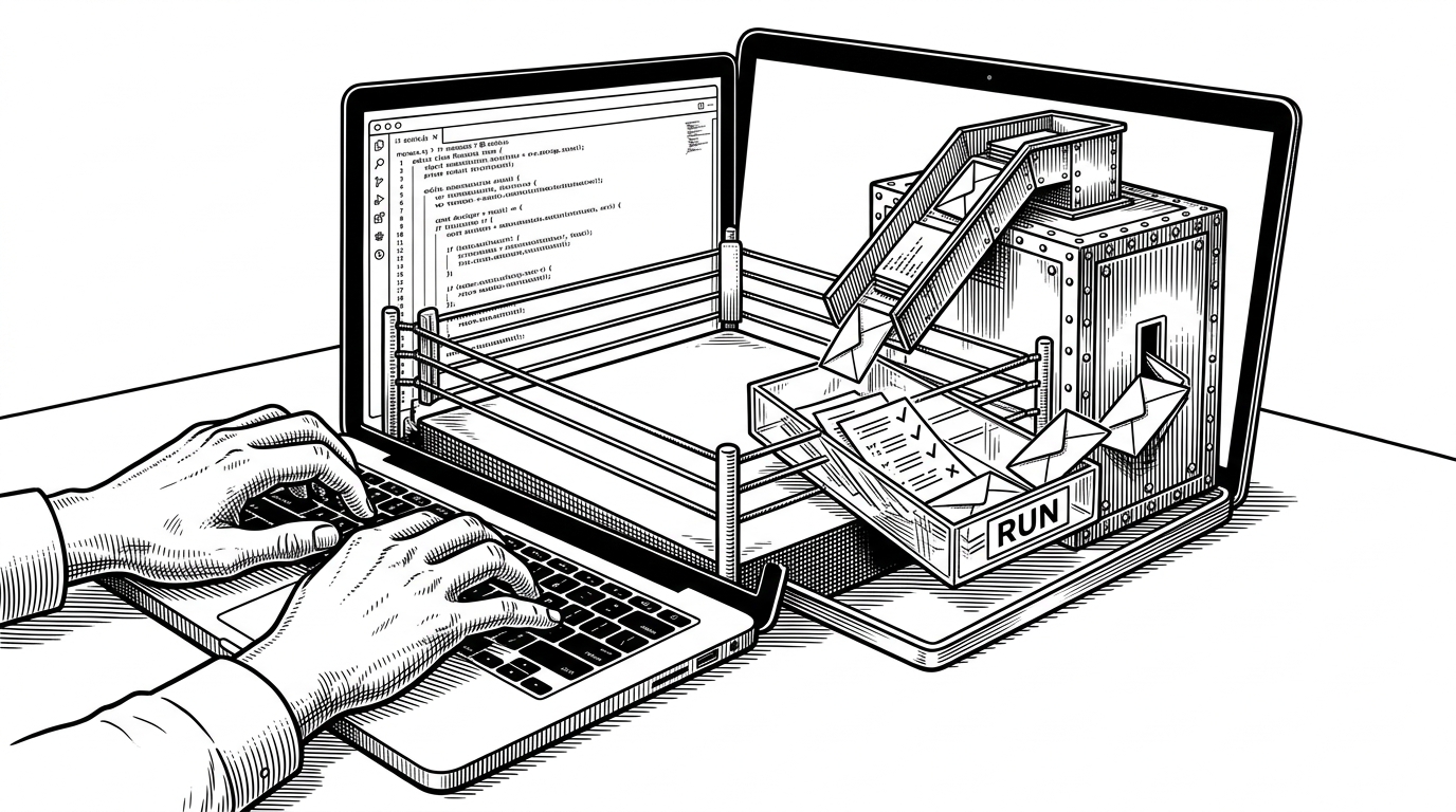 A wide editorial scene shows a coding arena inside a laptop screen. One side is a browser editor with a programmer typing, while the other side is a sealed judge vault that receives code packets and test cases through a chute. Some test cases stay visible in a glass tray for Run, while hidden tests slip into the vault as sealed envelopes. It explains that the product is really a controlled execution pipeline, not just an in-browser editor.
