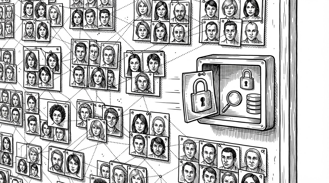 Several portrait tiles are pinned on a board and connected by dotted lines into a few tight clusters. One tile is pulled toward a local locked box, showing that LensVault keeps face intelligence on-device instead of routing it to the cloud.