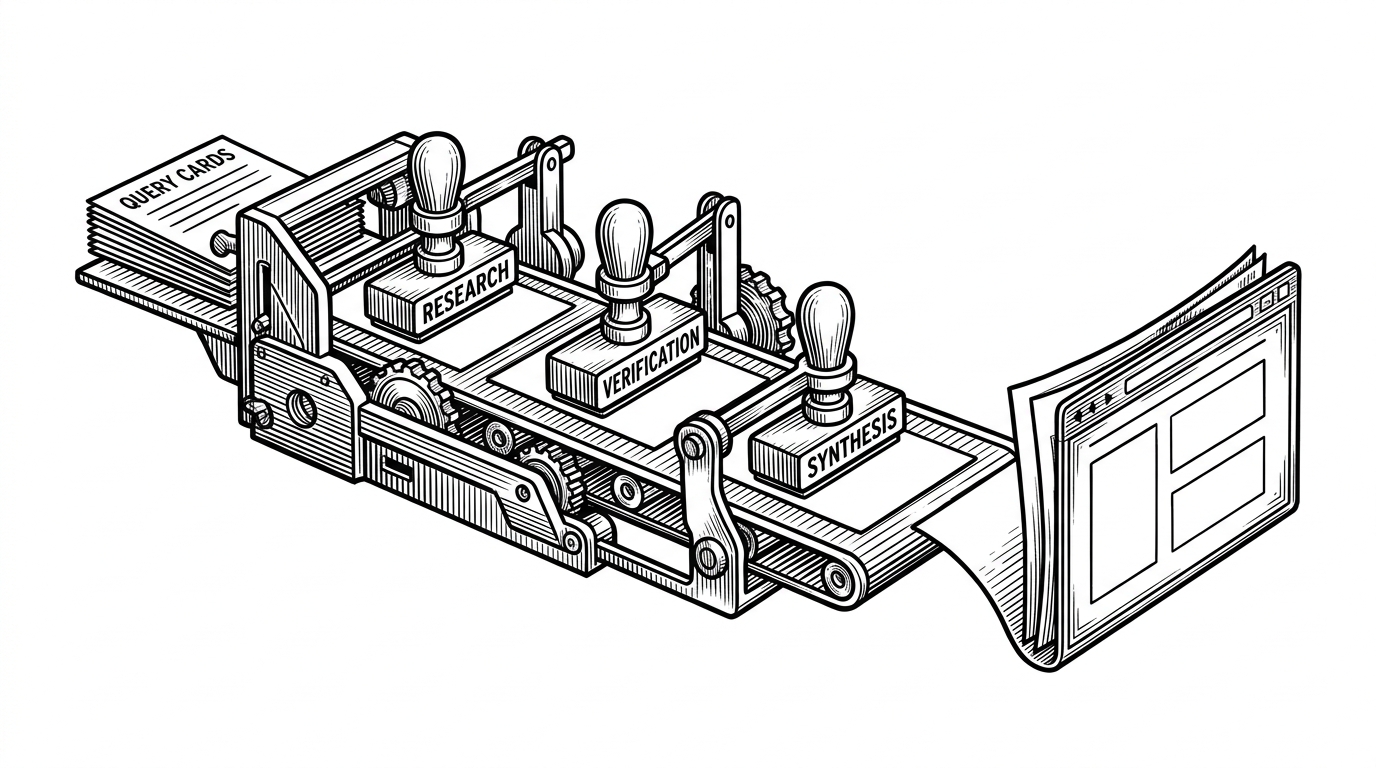 A close-up assembly line turns raw query cards into a finished HTML report. Three stamped checkpoints, research, verification, and synthesis, sit along the path, showing that the system is manufacturing an artifact rather than returning a plain response. The image explains why this repo feels closer to product design than chatbot demos.