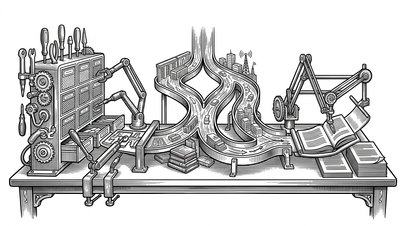 A wide editorial scene shows three machine stations feeding a single finished object. One station delegates tasks to specialist tools, another splits a stream into local and web paths, and a third drafts a polished document from structured notes. The image explains that the repository is less a list of links than a catalog of executable agent patterns.