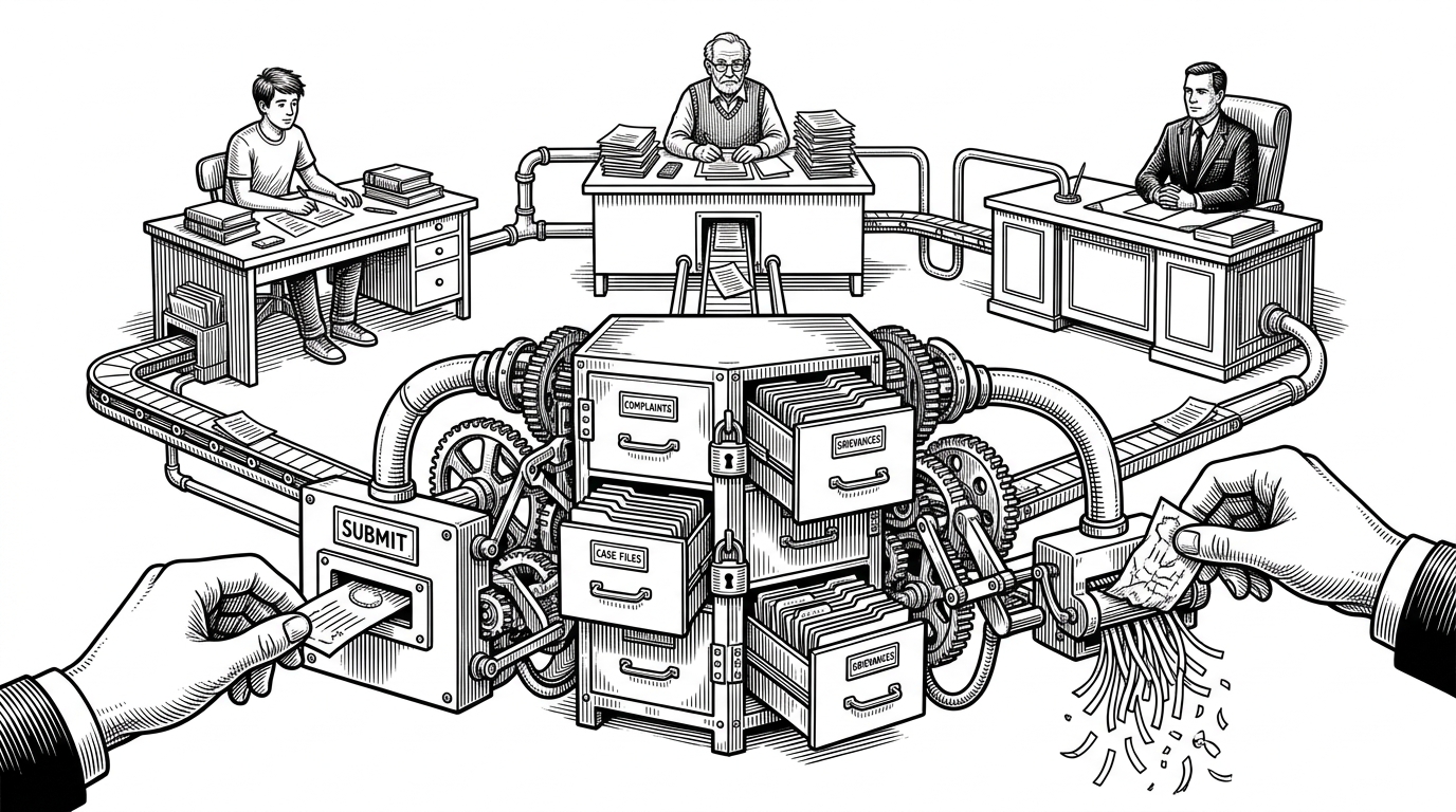 A wide editorial scene of a locked filing cabinet with complaint folders, three desks labeled by role, and routing lines linking student, faculty, and admin. It explains the project as a controlled institutional workflow, not just a form app.