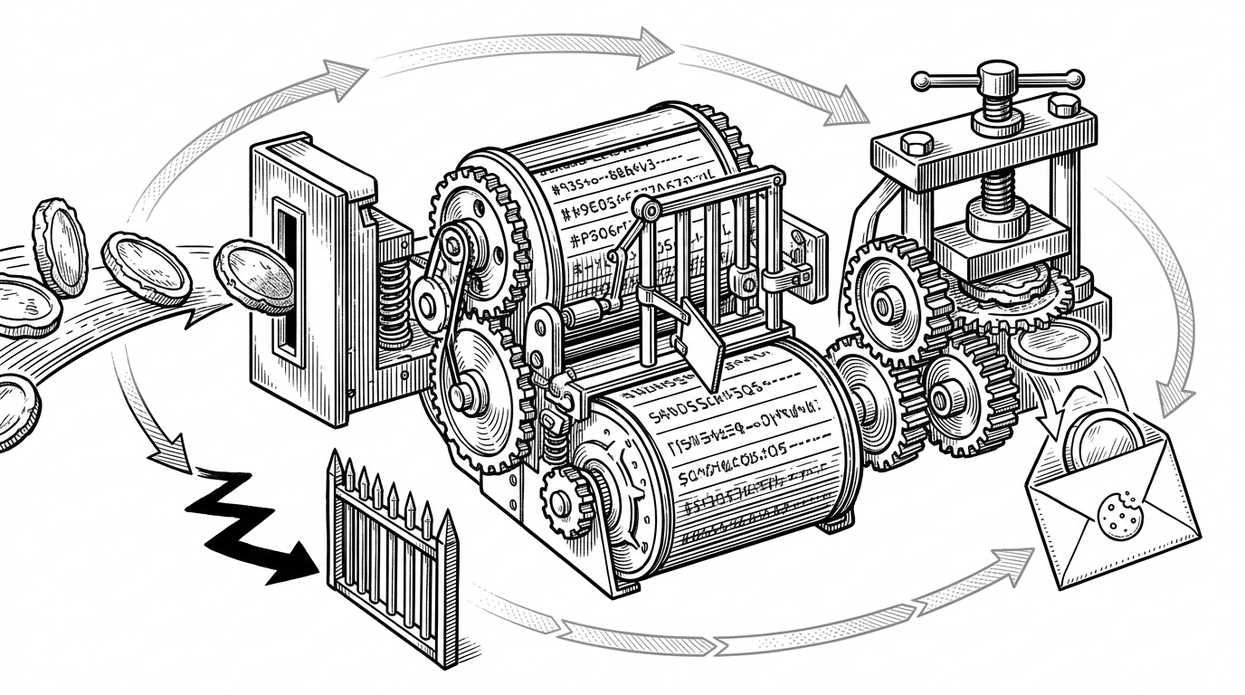 A close editorial mechanism showing a raw token entering a validator, a database record storing a hashed token, and an old token being struck through as a new one exits in a cookie envelope. It explains how rotation and revocation work together.