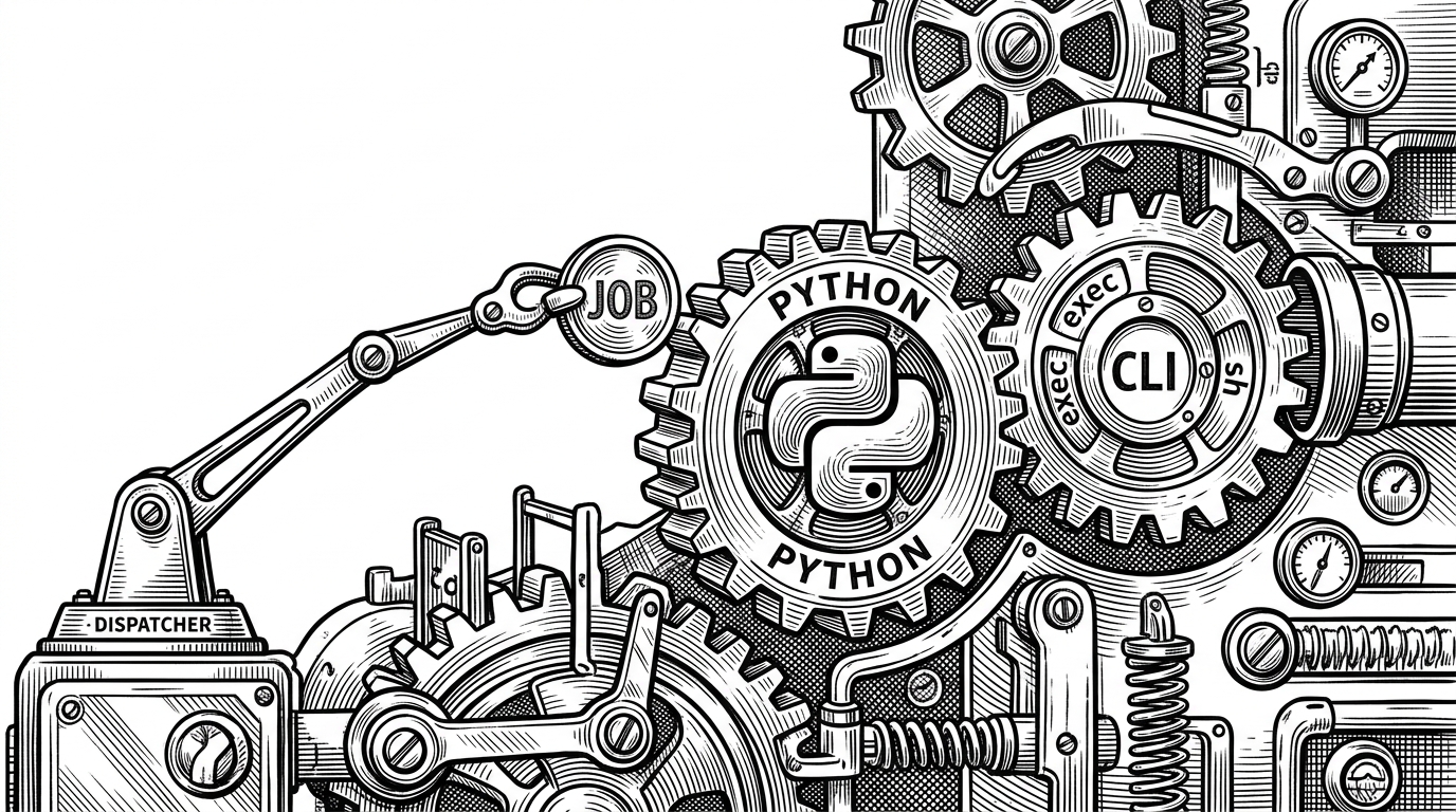 A close-up editorial illustration of a task token moving through a narrow mechanical pipeline made of Unix tools. One channel is labeled by visual cues only, not text, as a thin dispatcher hands work to a Python gear and then into an external CLI gear. The image explains that Bash acts as the orchestration layer while heavier work is delegated elsewhere.