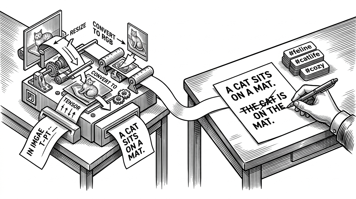 A split desk shows preprocessing on the left and rewriting on the right, joined by a narrow strip of paper labeled as the bridge between them. It explains why the literal caption is an intermediate representation rather than a final answer.