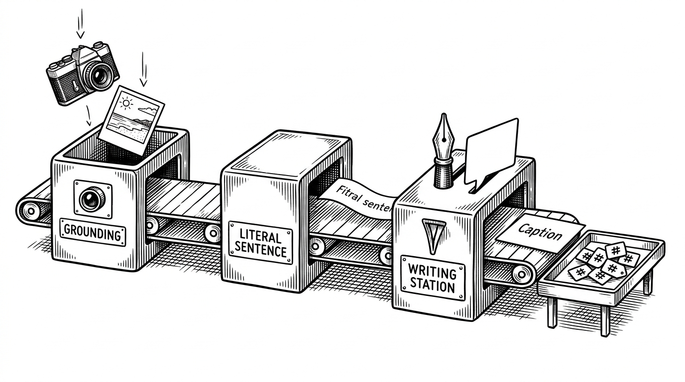 A conveyor-like relay carries an uploaded image from a camera through a grounding box and into a writing box before it becomes a caption card and hashtag cluster. It explains the repo's core idea: split image understanding from copywriting instead of asking one model to do both at once.