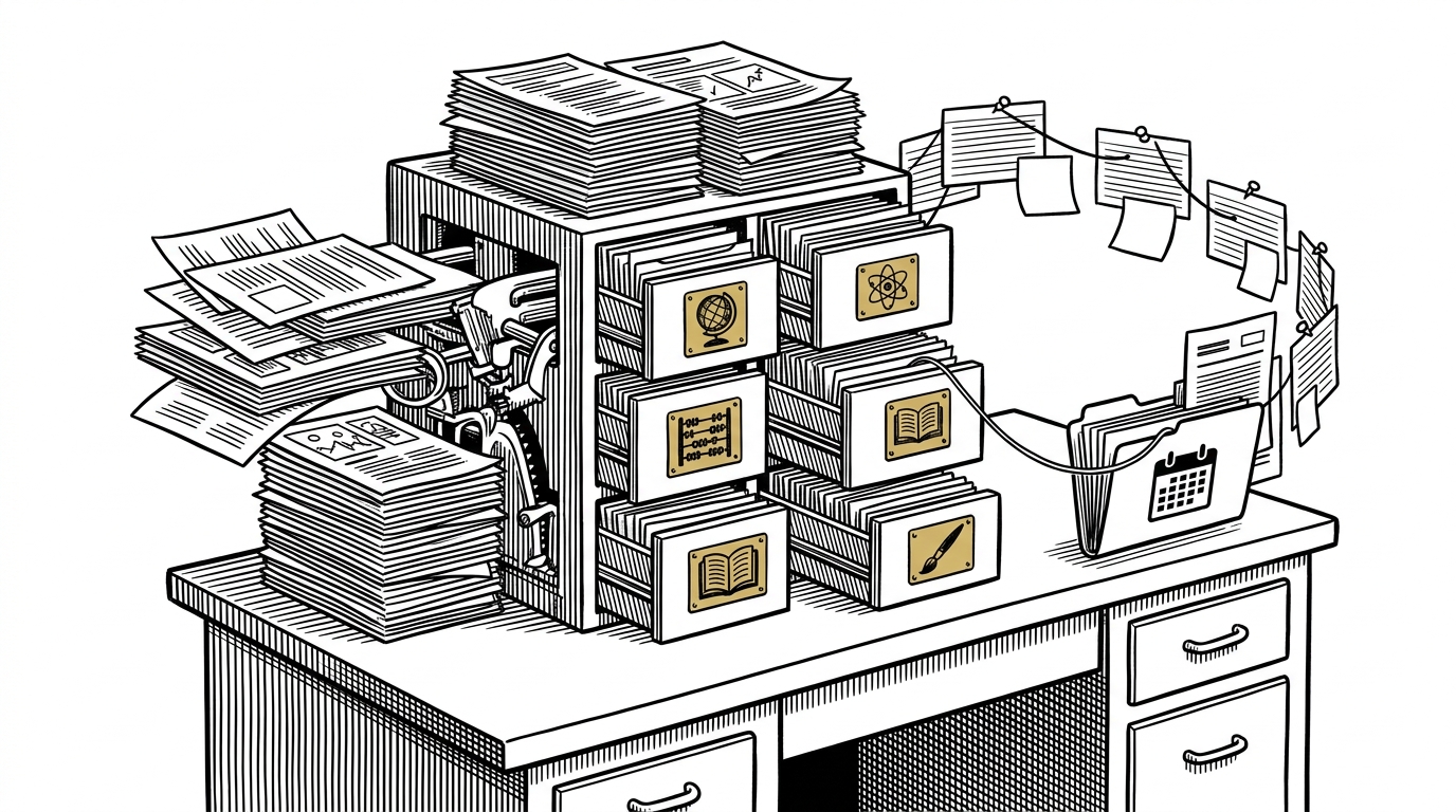 A teacher’s desk is transformed into a clockwork archive, with lesson plans, handouts, and slides feeding a central curriculum vault. A new lesson packet emerges on the far side already sequenced with notes for last week, prerequisites, and today’s scaffold. The scene explains that Claw-ED treats classroom history as active input to the next plan.