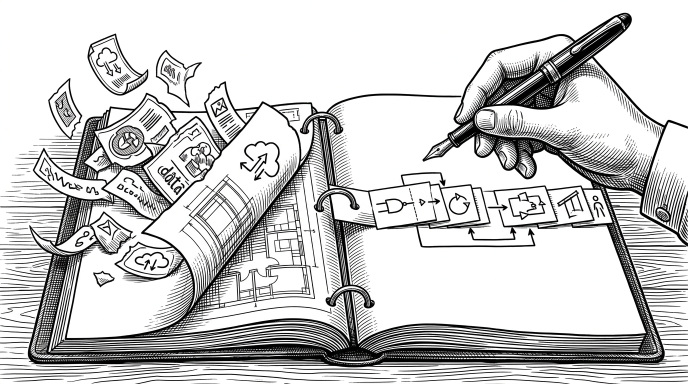 A close-up binder is being distilled into two paths. On one side, decorative AI clutter and generic phrases fall away into a clean style blueprint. On the other, a timeline strip of linked cards shows concepts taught across weeks, with arrows connecting prerequisite to next lesson. The image explains that Claw-ED learns both teacher voice and curriculum sequence.
