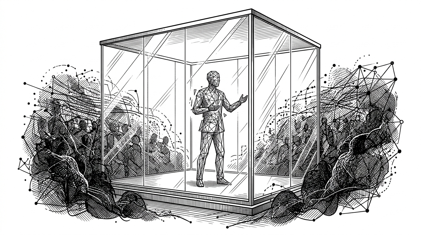 A wide shot of a glass-walled stage. Inside, a speaker made of glowing green geometric wireframes stands before a dark, looming cloud of data points.