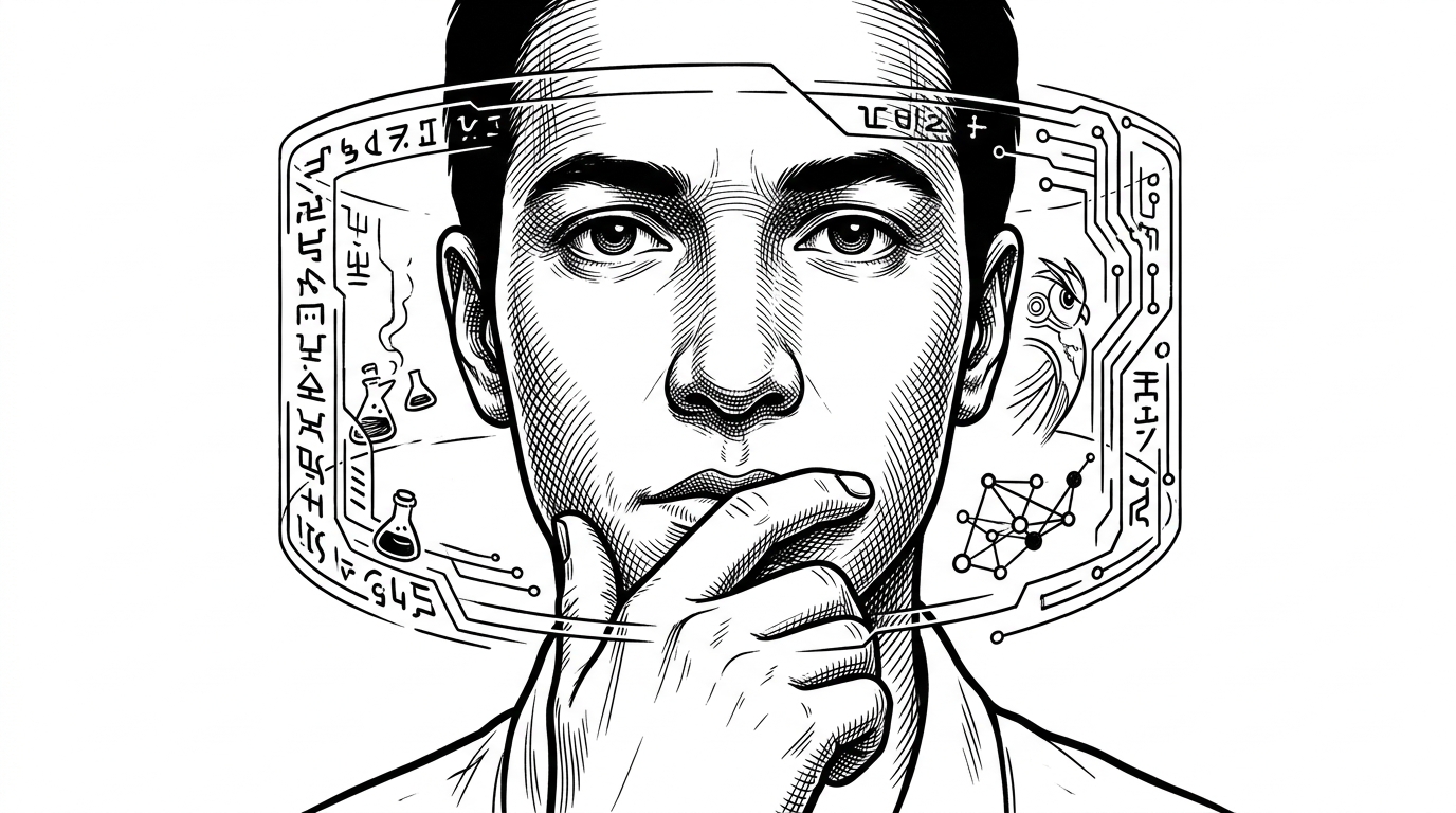 A medium shot of a person’s face, with their hand approaching their chin. A translucent 'Warning' perimeter is drawn around the face in ink.