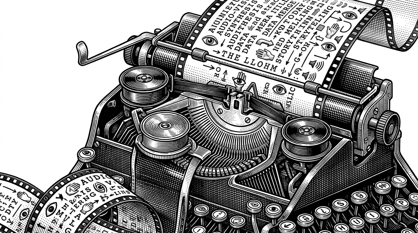 A close-up of a typewriter where the paper is a film strip. As the keys hit, they stamp both words and tiny icons of 'eyes' or 'hands'.