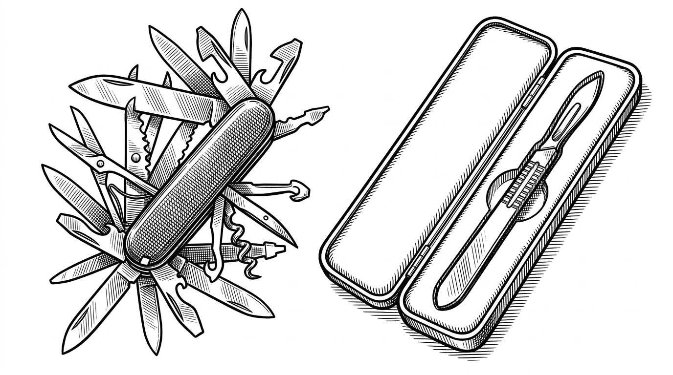 A split illustration showing a tangled Swiss Army knife on the left and a clean surgical scalpel on the right.