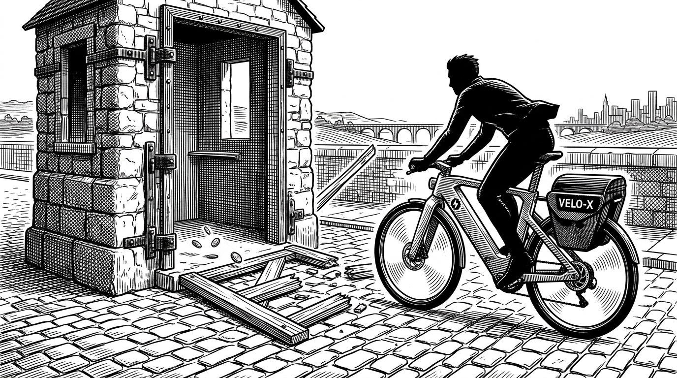 A classic wooden tollgate smashed through by a futuristic courier bicycle, symbolizing the bypassing of traditional LLM API costs.