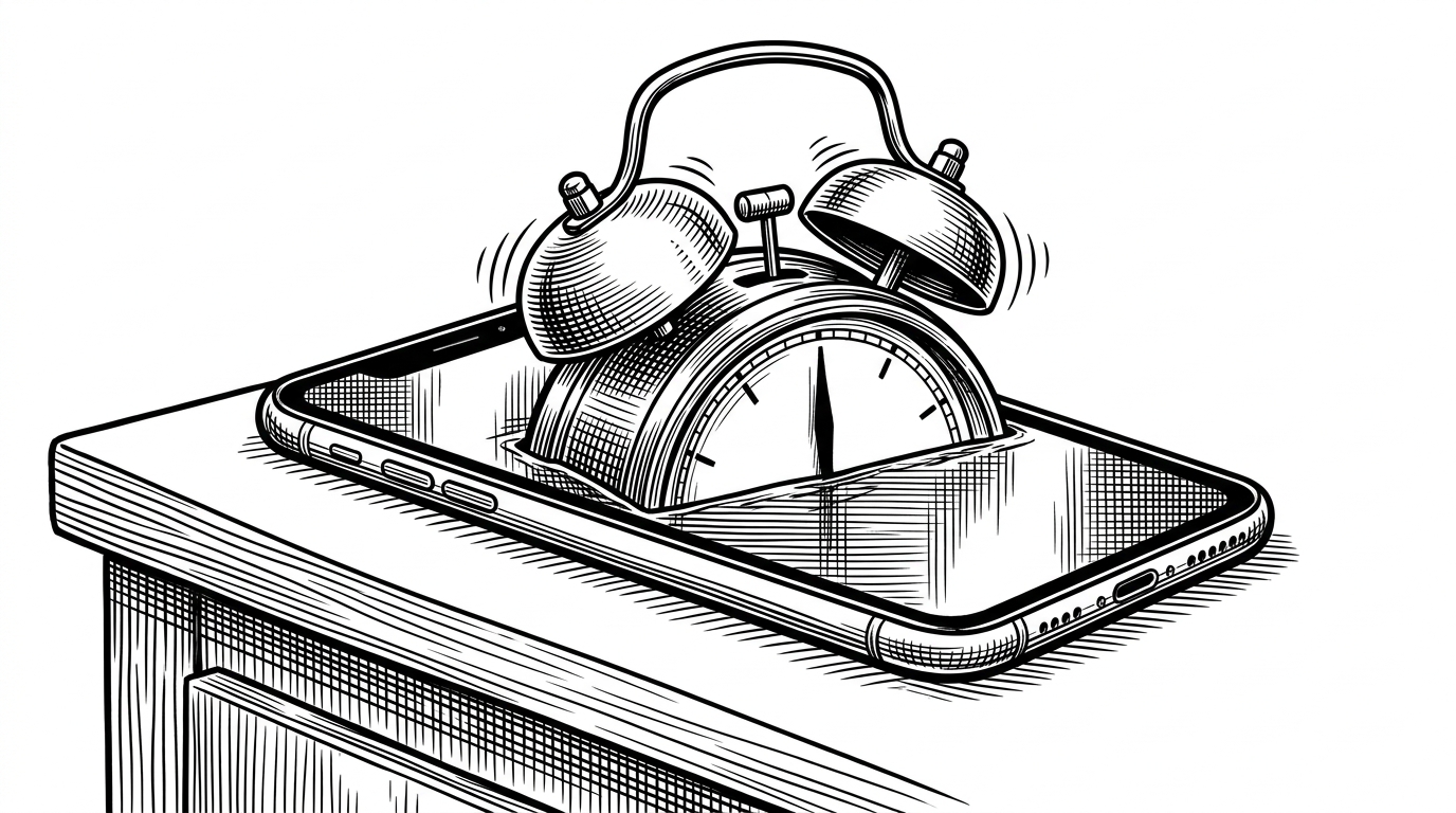 The twin metal bells and hammer of a vintage mechanical alarm clock erupt seamlessly from the flat glass screen of a modern smartphone resting on a nightstand.