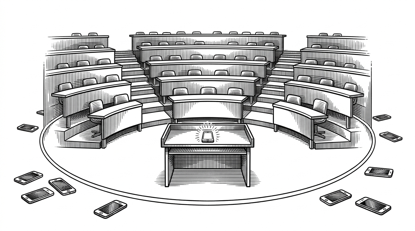 A glowing circular perimeter line surrounds an empty university lecture hall, separating dormant smartphones outside from a single glowing smartphone inside.