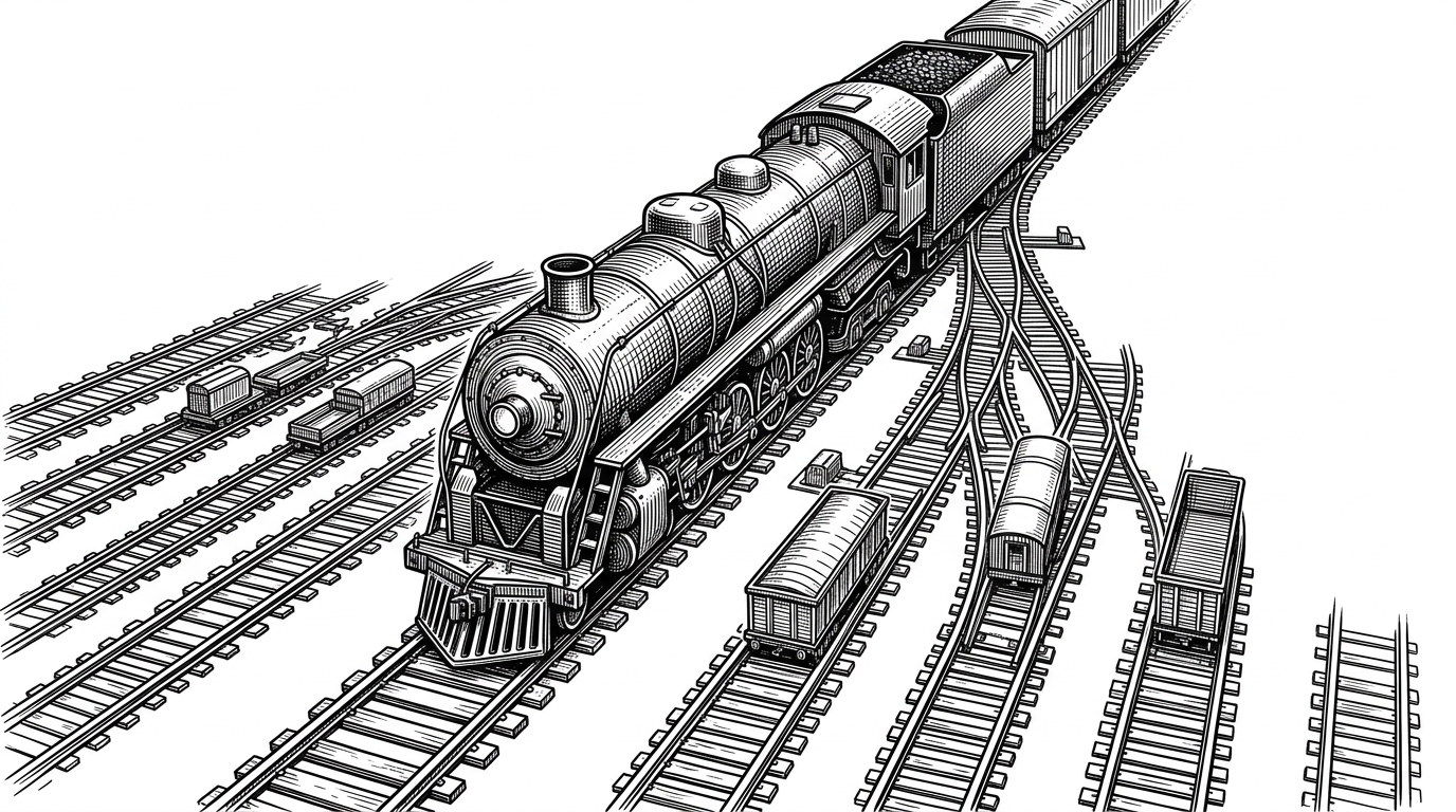 A massive steam locomotive on a central track approaches a split where automated switches route smaller train cars into dozens of parallel rail bays.