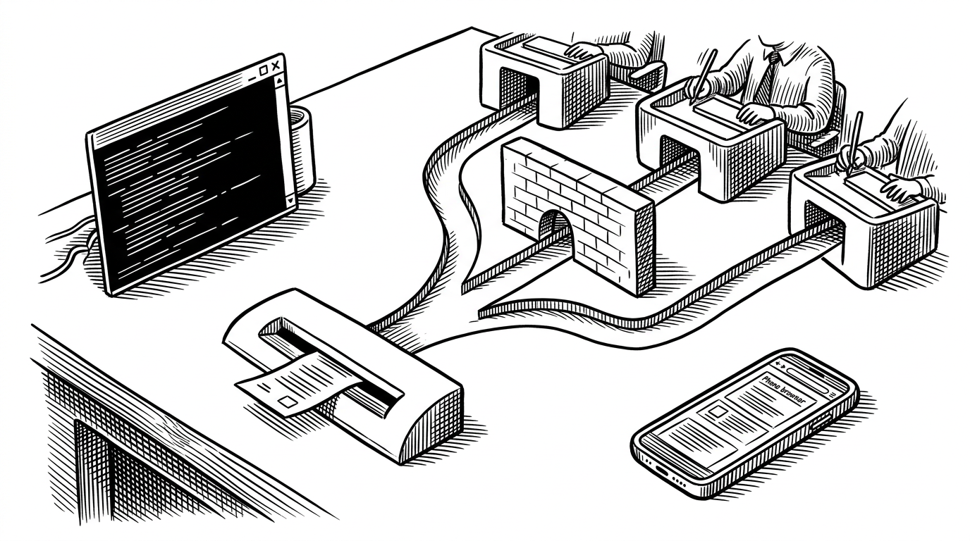A close-up routing scene where a single order token branches toward three agent paths. One path hits a rate-limit barrier, another continues, and a fallback route reroutes the task to a different backend. A terminal window and phone browser sit beside the logic to show live supervision.